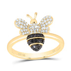 front view of yellow gold black and white bee shaped diamond ring