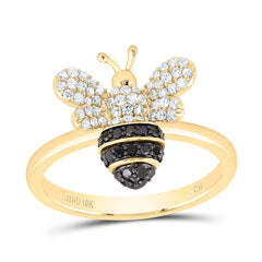 front view of yellow gold black and white bee shaped diamond ring