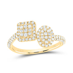 front view of a ring with oval and square diamond clusters placed next to each other, with a band that features half diamonds and half gold for a striking contrast.