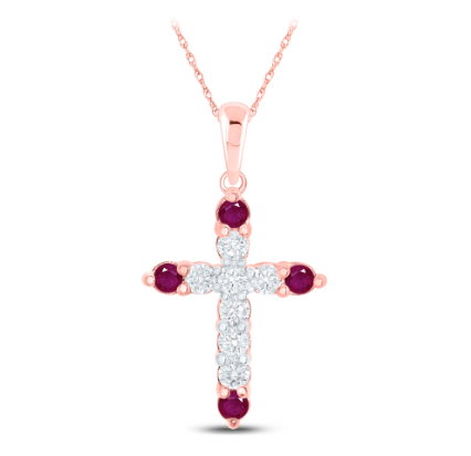 Colgante de cruz con rubí natural y diamantes de 10 quilates