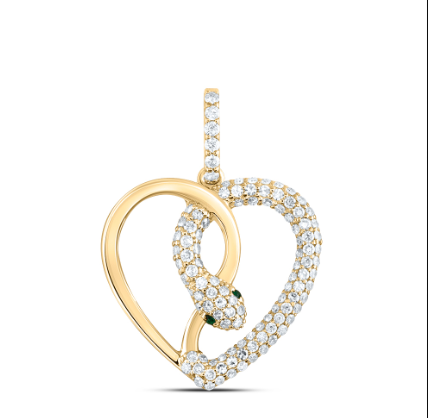Colgante con forma de serpiente en forma de corazón de esmeralda natural y diamantes de 14 quilates