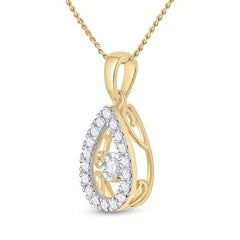 side view of an elegant yellow gold pear-shaped diamond cut-out pendant featuring a sparkling diamond suspended at the center,