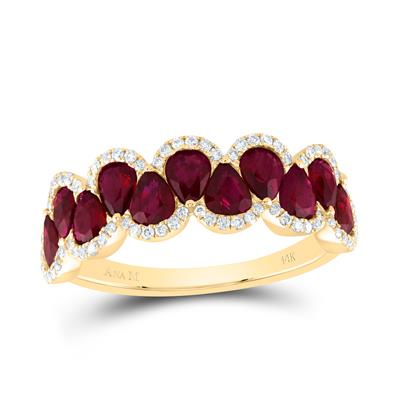 Ring featuring pear-shaped rubies with alternating orientations (one facing up and the other facing down), accented with white diamonds for a striking and elegant design.