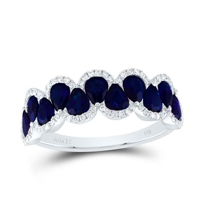 Ring featuring pear-shaped blue sapphires with alternating orientations (one facing up and the other facing down), accented with white diamonds for a striking and elegant design.
