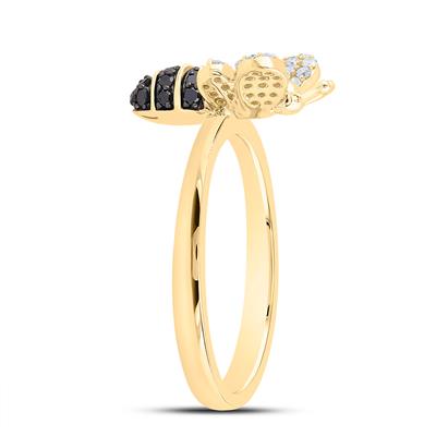 side view of yellow gold black and white bee shaped diamond ring