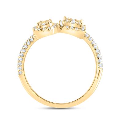 side view of a ring with oval and square diamond clusters placed next to each other, with a band that features half diamonds and half gold for a striking contrast.