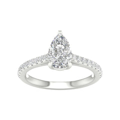 White gold ring with pear shaped center stone