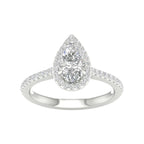 White gold ring with pear shaped center stone and halo