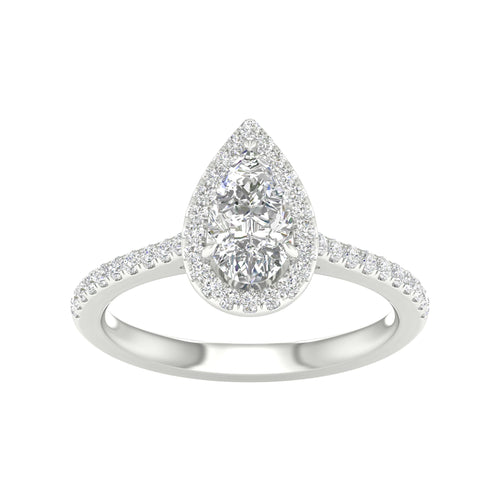 White gold ring with pear shaped center stone and halo