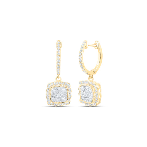 Pendientes colgantes de diamantes de 10 quilates con forma de racimo cuadrado