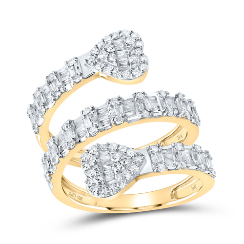 Three-level cuff diamond ring with heart-shaped diamond clusters completing each side, creating a bold and elegant design.