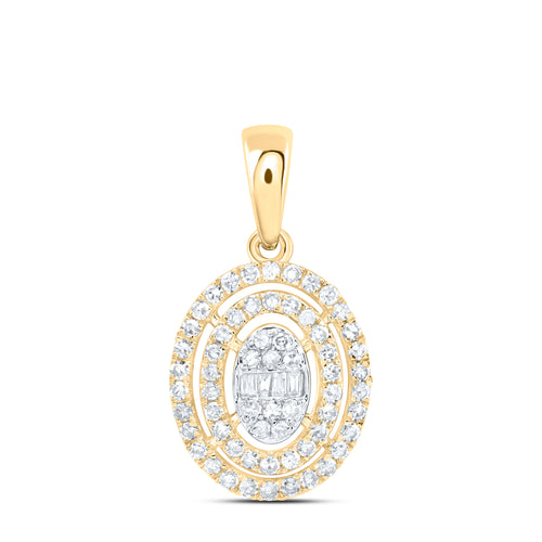 Elegant oval pendant featuring a sparkling yellow gold diamond cluster at the center, framed by two rows of shimmering diamonds 