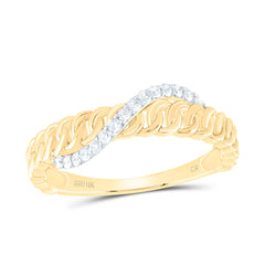 yellow gold cuban-style gold band with a diamond twist design going across the band, adding a touch of elegance and sparkle