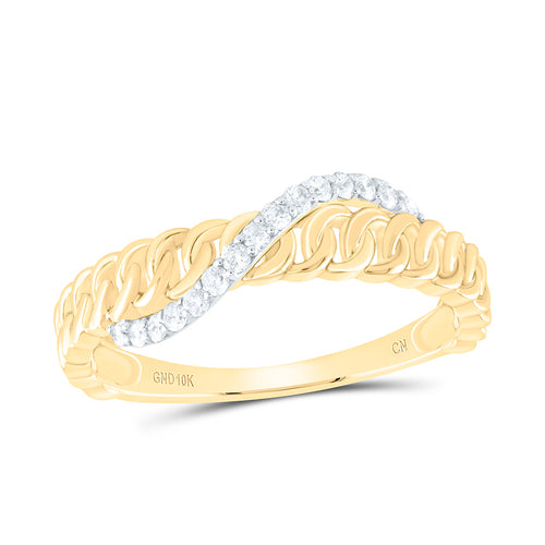 yellow gold cuban-style gold band with a diamond twist design going across the band, adding a touch of elegance and sparkle
