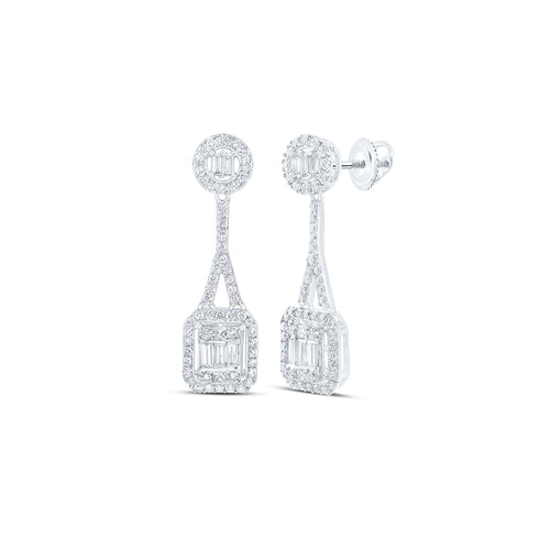 Pendientes colgantes octagonales con diamantes redondos y baguette de 14 quilates