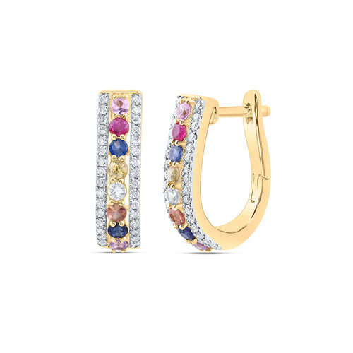 14K Diamond & Natural Multi-Color Sapphire Hoops
