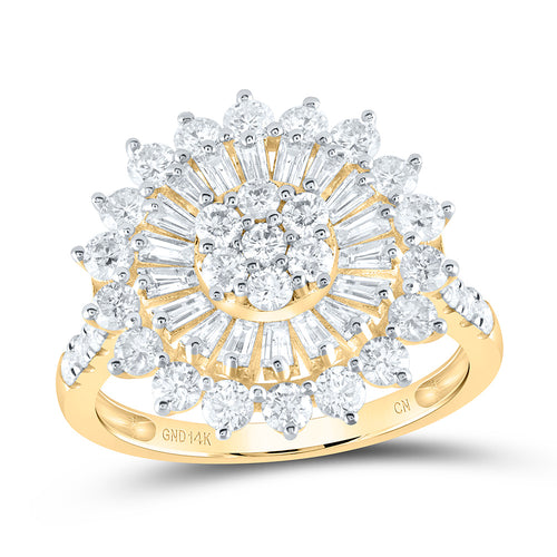 Close-up of a stunning yellow gold flower-shaped cluster diamond ring with round brilliant diamonds arranged in a floral design, set in a sleek band.
