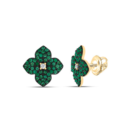 14K yellow gold flower shaped emerald earrings with a diamond center stone. 