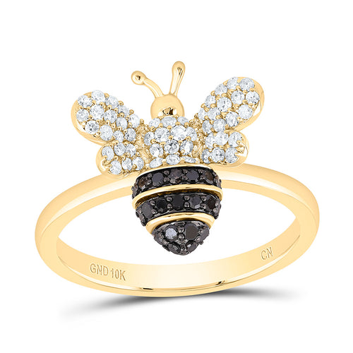 front view of yellow gold black and white bee shaped diamond ring