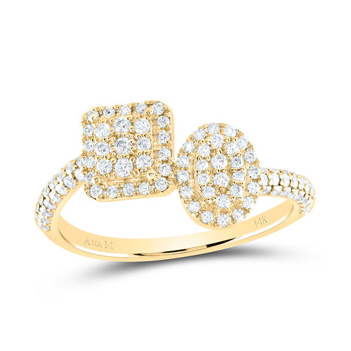 front view of a ring with oval and square diamond clusters placed next to each other, with a band that features half diamonds and half gold for a striking contrast.
