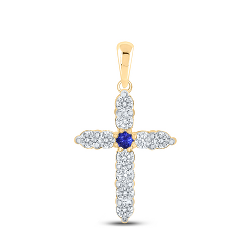 10K Diamond & Natural Blue Sapphire Cross Pendant