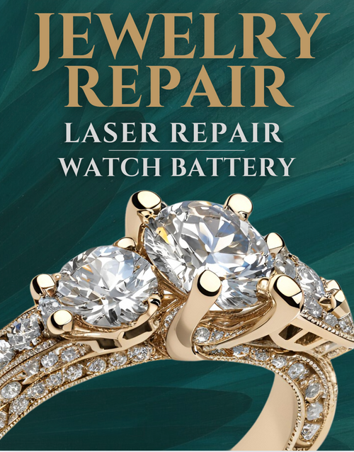 A 3-stone yellow gold diamond ring on a teal background, with the words 'Jewelry Repair,' 'Laser Repair,' and 'Watch Battery' written on it.