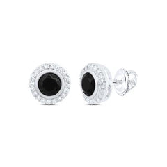 10K white gold black onyx stone stud earrings with diamond halo
