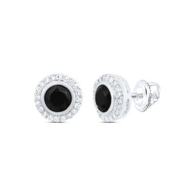 10K white gold black onyx stone stud earrings with diamond halo