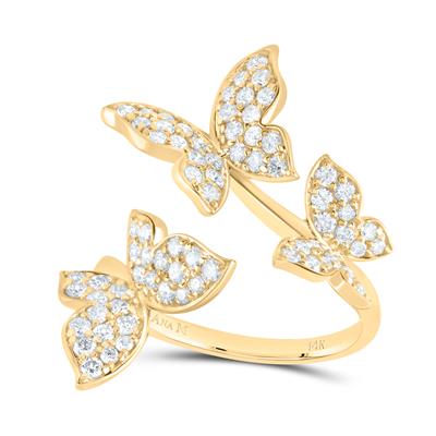 Cuff ring adorned with diamonds and featuring three butterflies spread across the design, adding a delicate and whimsical touch