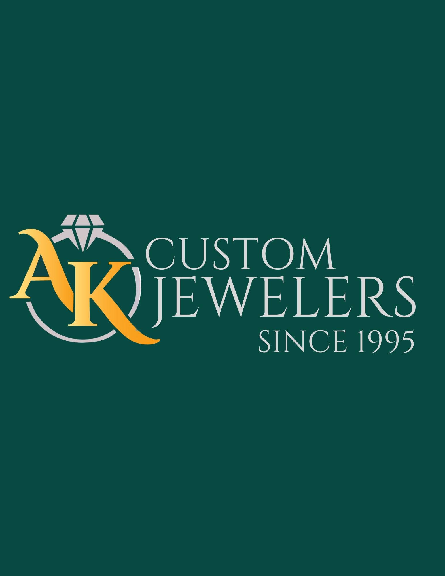 AK Custom Jewelers Since 1995 logo, displayed on a dark teal background.